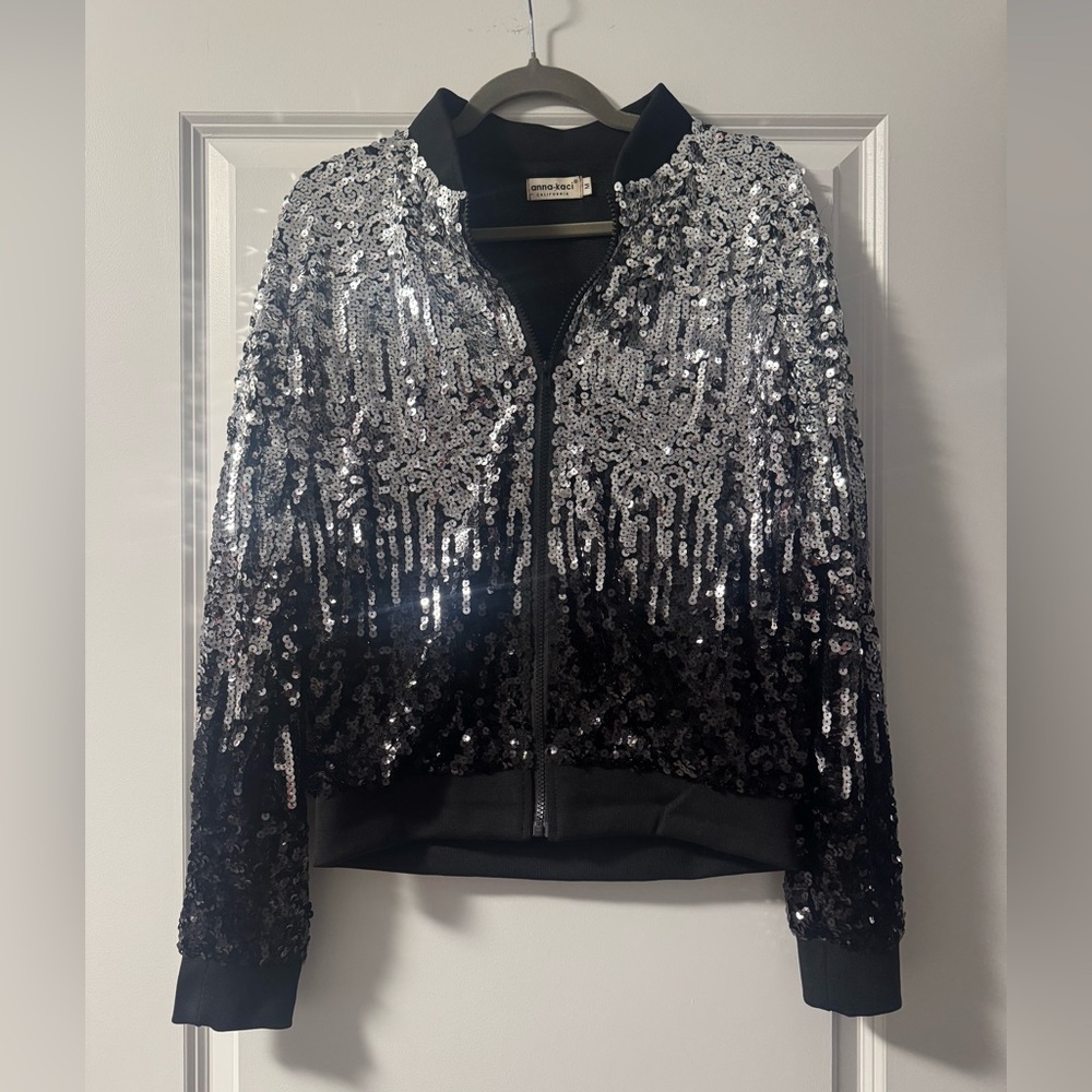 Sequin Ombre Bomber Jacket - Silver to Black